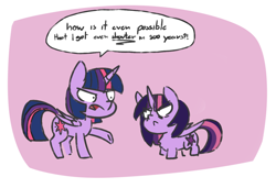 Size: 1348x922 | Tagged: safe, artist:bloodatius, twilight sparkle, twilight sparkle (alicorn), alicorn, pony, :<, angry, bags under eyes, descended twilight, female, future future twilight, looking at each other, mare, multeity, raised hoof, size difference, speech bubble, style emulation, text