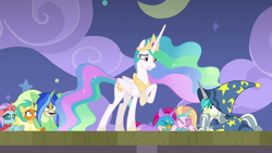 Size: 1280x720 | Tagged: safe, screencap, gallus, ocellus, princess celestia, sandbar, silverstream, smolder, yona, alicorn, changedling, changeling, dragon, earth pony, griffon, hippogriff, pony, yak, horse play, clothes, cloud, cosplay, costume, dragoness, fake beard, fake ears, fake horn, female, male, mare, moon, stage, star swirl the bearded costume, student six, teenager, wig