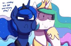 Size: 5100x3300 | Tagged: safe, artist:zanefir-dran, princess celestia, princess luna, alicorn, pony, horse play, dialogue, eyebrows visible through hair, female, mare, royal sisters, simple background, sisters, white background