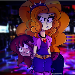 Size: 900x900 | Tagged: safe, artist:wubcakeva, adagio dazzle, oc, equestria girls, rainbow rocks, clothes, fingerless gloves, freckles, gem, gloves, hiding, scared, siren gem