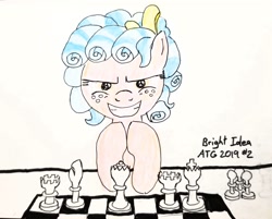 Size: 1626x1309 | Tagged: safe, artist:a-bright-idea, cozy glow, pegasus, pony, atg 2019, chess, gendo pose, grin, newbie artist training grounds, pure concentrated unfiltered evil of the utmost potency, pure unfiltered evil, smiling, solo, traditional art