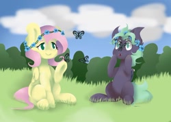 Size: 1024x731 | Tagged: safe, artist:barkerjewel, fluttershy, oc, oc:fusha, bat pony, butterfly, pony, bat pony oc, duo, floral head wreath, flower, grass, insect on nose, looking at something, raised hoof, sitting