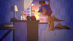 Size: 1366x768 | Tagged: safe, artist:jerryenderby, derpibooru import, oc, oc only, oc:dj, pegasus, pony, bed, bedroom, bedsheets, building, city, cityscape, cup, food, headphones, in bed, lamp, light, looking up, lying, morning, mug, phone, pizza, product placement, solo, sun, sunrise, table, train station, wake up, waking up, wallpaper, window