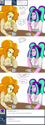 Size: 1000x2753 | Tagged: safe, artist:jake heritagu, adagio dazzle, aria blaze, comic:aria's archives, equestria girls, clothes, comic, food, fork, pancakes, plate, scrambled eggs, table