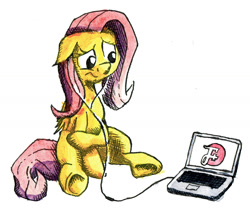 Size: 1702x1450 | Tagged: safe, artist:friendshipismetal777, fluttershy, pegasus, pony, computer, crosshatch, floppy ears, headphones, laptop computer, listening, looking at something, simple background, sitting, solo, the f plus, traditional art, unsure, white background, worried