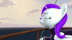 Size: 3840x2160 | Tagged: safe, artist:awgear, derpibooru import, oc, oc:morning glory (project horizons), pegasus, pony, fallout equestria, 3d, boat, body armor, clothes, cloud, eyebrows, eyes closed, gray coat, ocean, purple mane, ship, sky, smiling, source filmmaker, wallpaper