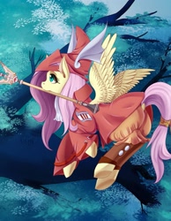 Size: 2625x3375 | Tagged: safe, artist:guinefurrie, fluttershy, clothes, cosplay, costume, final fantasy, final fantasy ix, flying, freya crescent, looking away, looking up, mouth hold, solo, spread wings, tree, underhoof