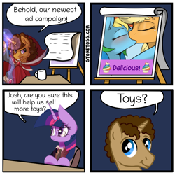 Size: 3766x3766 | Tagged: safe, artist:anonymous, artist:atnezau, artist:ratofdrawn, artist:stonetoss, artist:sugaryviolet, derpibooru import, applejack, rainbow dash, twilight sparkle, earth pony, pegasus, pony, appledash, comic, cupcake, female, food, josh haber, lesbian, rainbow cupcake, shipping