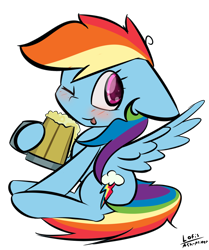 Size: 1136x1356 | Tagged: safe, artist:ask-minty, derpibooru import, rainbow dash, pegasus, pony, :p, backwards cutie mark, blushing, cider, cute, dashabetes, female, floppy ears, mare, one eye closed, simple background, solo, tankard, tongue out, transparent background, wink