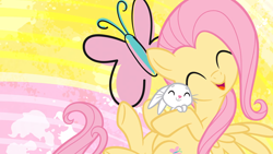 Size: 2560x1440 | Tagged: safe, derpibooru import, angel bunny, fluttershy, pegasus, pony, cute, fluttershy month, official, shyabetes, wallpaper