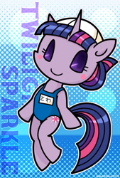 Size: 1000x1480 | Tagged: safe, artist:sechst_himmel, derpibooru import, twilight sparkle, chibi, clothes, hat, pixiv, school swimsuit, solo, swimming cap, swimsuit, towa