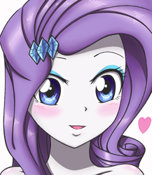 Size: 650x750 | Tagged: safe, artist:tastyrainbow, rarity, equestria girls, anime, bare shoulder portrait, bare shoulders, big eyes, blushing, bust, cute, eyeshadow, hairpin, happy, implied nudity, looking at you, makeup, portrait