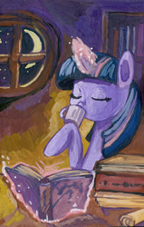 Size: 636x1000 | Tagged: safe, artist:lexx2dot0, derpibooru import, twilight sparkle, book, eyes closed, gouache, magic, scenery, solo, traditional art