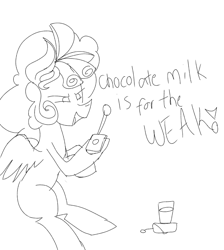 Size: 894x1000 | Tagged: safe, artist:treble clefé, cozy glow, pegasus, pony, bomb, chocolate, chocolate milk, evil, explosives, female, filly, milk, missing cutie mark, no tail, pure concentrated unfiltered evil of the utmost potency, pure unfiltered evil, sitting, solo, weapon, writing