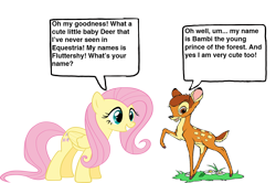 Size: 1489x991 | Tagged: safe, fluttershy, deer, pegasus, pony, bambi, crossover, disney