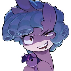Size: 640x640 | Tagged: safe, artist:30clock, cozy glow, twilight sparkle, pegasus, pony, cozy glow is best facemaker, crazy glow, creepy, creepy smile, doll, female, filly, foal, insanity, plushie, pure concentrated unfiltered evil of the utmost potency, pure unfiltered evil, smiling, solo, toy