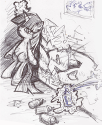 Size: 409x500 | Tagged: safe, artist:yewdee, derpibooru import, twilight sparkle, graffiti, magic, monochrome, princess celestia's school for gifted unicorns, solo, spray paint, telekinesis, traditional art, wall, younger