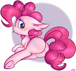 Size: 3484x3236 | Tagged: safe, artist:ashee, pinkie pie, earth pony, pony, abstract background, balloonbutt, blushing, chest fluff, circle background, cute, diapinkes, ear fluff, female, frog (hoof), mare, plot, profile, prone, rear view, shiny, solo, tongue out, underhoof