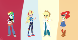 Size: 1641x863 | Tagged: safe, artist:lumi-infinite64, derpibooru import, applejack, rainbow dash, human, equestria girls, ashleigh ball, clothes, clothes swap, crossover, equestria girls-ified, johnny test, mary test, sissy blakely, solo, voice actor joke