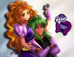Size: 900x700 | Tagged: safe, artist:kgfantasy, adagio dazzle, spike, human, equestria girls, adagiazonga dazzle, adagiospike, anime, bangs, big hair, breasts, clothes, crack shipping, crossed arms, equestria girls logo, female, green eyes, green hair, hand on shoulder, hoodie, human spike, humanized, logo, long hair, male, microphone, mullet, shipping, smiling, straight