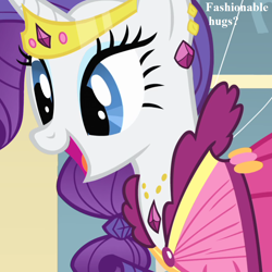 Size: 882x882 | Tagged: safe, edit, edited screencap, screencap, rarity, pony, unicorn, a bird in the hoof, bronybait, clothes, cropped, cute, dialogue, dress, ear piercing, earring, fashion, gala dress, hug request, jewelry, piercing, raribetes, sugarcube corner, tiara