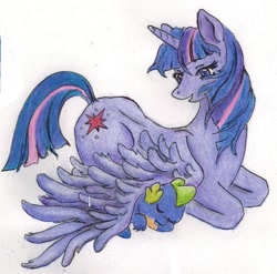 Size: 1401x1385 | Tagged: safe, artist:penguin4213, derpibooru import, spike, twilight sparkle, twilight sparkle (alicorn), alicorn, dragon, pony, cute, female, mama twilight, mare, sleeping, spikelove, traditional art, wing blanket