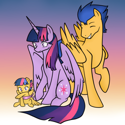 Size: 1600x1600 | Tagged: safe, artist:kianamai, artist:mutant-girl013, derpibooru import, flash sentry, twilight sparkle, twilight sparkle (alicorn), oc, oc:starburst, alicorn, pony, bound wings, colored, cute, eyes closed, female, flashlight, kilalaverse, male, mama twilight, mare, next generation, offspring, papa flash, parent:flash sentry, parent:twilight sparkle, parents:flashlight, ribbon, shipping, sitting, smiling, spread wings, straight