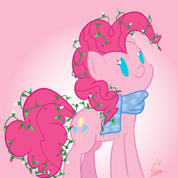 Size: 1000x1000 | Tagged: safe, artist:cherryceriseart, artist:scratchii, pinkie pie, pony, christmas, christmas lights, clothes, cute, diapinkes, holiday, no pupils, ponk, scarf, silly, silly pony, solo, tangled up