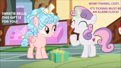 Size: 1280x720 | Tagged: safe, edit, edited screencap, screencap, cozy glow, sweetie belle, pegasus, pony, marks for effort, imminent explosion, present, pure concentrated unfiltered evil of the utmost potency, pure unfiltered evil, sweetie fail, sweetiedumb, this will end in death, this will not end well, time bomb, too dumb to live