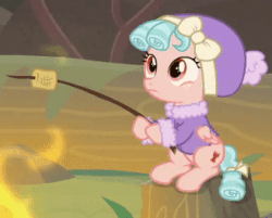 Size: 328x264 | Tagged: safe, screencap, cozy glow, pegasus, pony, frenemies (episode), animated, aweeg*, campfire, clothes, cozybetes, cropped, cute, daaaaaaaaaaaw, eating, female, filly, foal, food, funny background event, gif, hat, marshmallow, nom, puffy cheeks, pure concentrated unfiltered evil of the utmost potency, pure unfiltered evil, small devil eating, solo, tree stump, winter outfit