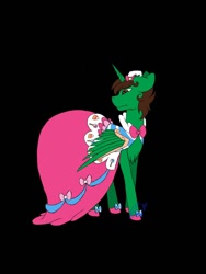 Size: 900x1200 | Tagged: safe, artist:kawaiiponies78, pinkie pie, oc, oc:frost d. tart, alicorn, pony, alicorn oc, clothes, crossdressing, dress, embarrassed, gala dress, male, solo, stallion