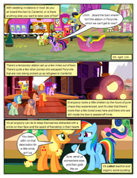 Size: 612x792 | Tagged: safe, artist:newbiespud, derpibooru import, edit, edited screencap, screencap, applejack, big macintosh, bon bon, granny smith, rainbow dash, spike, sweetie drops, twilight sparkle, unicorn twilight, dragon, earth pony, pegasus, pony, unicorn, comic:friendship is dragons, background pony, climbing, comic, dialogue, female, freckles, hat, hot air balloon, male, mare, raised hoof, screencap comic, stallion, train