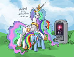 Size: 2159x1661 | Tagged: safe, artist:haylizbeth, artist:php58, derpibooru import, edit, discord, princess celestia, rainbow dash, twilight sparkle, alicorn, pegasus, pony, unicorn, backlighting, bitchlestia, butt, celestia's grave meme, cloud, crown, crying, cutie mark, duo, duo female, exploitable meme, eyes closed, female, flowing mane, grass, grave, gravestone, hill, implied death, jewelry, journey of the spark, mare, meme, open mouth, plot, poster, promo, regalia, rest in peace, sad, sky, smiling, wavy mouth, wings