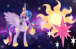 Size: 1383x903 | Tagged: safe, artist:nightmarelunafan, derpibooru import, princess celestia, twilight sparkle, twilight sparkle (alicorn), oc, oc:princess solar sparkle, alicorn, pony, fusion, wallpaper