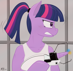 Size: 900x880 | Tagged: safe, artist:missitofu, derpibooru import, twilight sparkle, clothes, crossover, missing horn, portal (valve), portal gun, solo, tanktop