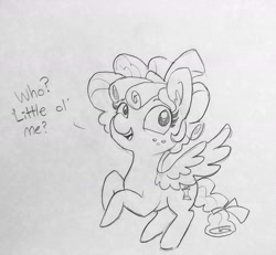 Size: 1560x1440 | Tagged: safe, artist:tjpones, cozy glow, pegasus, pony, cozybetes, cute, dialogue, ear fluff, female, filly, flying, monochrome, pure concentrated unfiltered evil of the utmost potency, pure unfiltered evil, solo, traditional art