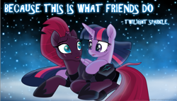 Size: 6797x3889 | Tagged: safe, artist:ejlightning007arts, derpibooru import, tempest shadow, twilight sparkle, twilight sparkle (alicorn), alicorn, unicorn, my little pony: the movie, armor, beautiful, blue background, broken horn, female, horn, lesbian, looking at each other, night, quote, shipping, simple background, stars, tempestlight, wallpaper