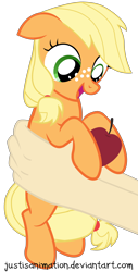 Size: 3208x6292 | Tagged: safe, artist:justisanimation, applejack, earth pony, human, pony, apple, cute, eyes on the prize, female, filly, filly applejack, food, freckles, hand, holding a pony, jackabetes, justis holds a pony, open mouth, simple background, smiling, that pony sure does love apples, transparent background, younger