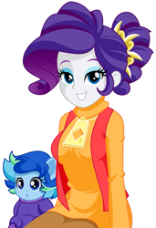 Size: 841x1227 | Tagged: safe, artist:rosemile mulberry, rarity, oc, oc:sparkling sapphire, human, series:sciset diary, equestria girls, baby, clothes, female, humanized, humanized oc, magical lesbian spawn, offspring, parent:sci-twi, parent:sunset shimmer, parents:scitwishimmer, simple background, smiling, white background