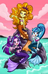 Size: 3300x5100 | Tagged: safe, artist:chibi-jen-hen, adagio dazzle, aria blaze, sonata dusk, mermaid, equestria girls, absurd resolution, belly button, breasts, cleavage, female, fins, mermaidized, midriff, sirens doing siren things, smiling, species swap, tail, the dazzlings