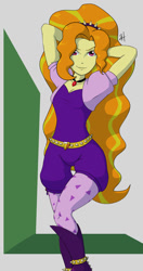 Size: 571x1085 | Tagged: safe, artist:animana21, adagio dazzle, equestria girls, rainbow rocks, arm behind head, colored, female, gem, jewelry, looking at you, pendant, pose, simple background, siren gem, solo, thigh gap