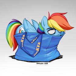 Size: 1280x1280 | Tagged: safe, artist:hattiezazu, derpibooru import, rainbow dash, pegasus, pony, backwards cutie mark, behaving like a cat, explicit source, female, folded wings, if i fits i sits, ikea, mare, pony in a bag, ponykea, rainbow dash is not amused, shopping bags, solo, unamused, wings