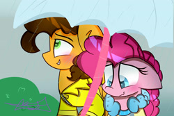 Size: 3000x2000 | Tagged: safe, artist:lynchristina, cheese sandwich, pinkie pie, earth pony, pony, cheesepie, male, rain, shipping, straight, umbrella