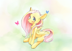 Size: 1400x1000 | Tagged: safe, artist:unousaya, fluttershy, butterfly, pegasus, pony, blushing, colored sketch, cute, looking at you, shyabetes, sitting, solo