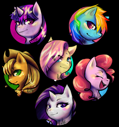 Size: 900x959 | Tagged: safe, artist:tentabuddies-n-co, derpibooru import, applejack, fluttershy, pinkie pie, rainbow dash, rarity, twilight sparkle, earth pony, pegasus, pony, unicorn, black background, bust, colored pupils, eye clipping through hair, eyes closed, female, mane six, mare, open mouth, portrait, profile, simple background, straw in mouth