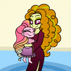 Size: 1000x1000 | Tagged: safe, artist:carouselunique, adagio dazzle, oc, oc:honeycrisp blossom, equestria girls, clothes, costume, freckles, holding, hug, offspring, parent:big macintosh, parent:princess cadance, parents:cadmac, tangled (disney)