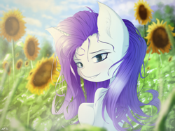 Size: 4000x3000 | Tagged: safe, artist:maneingreen, rarity, pony, unicorn, cloud, ear fluff, female, flower, mare, solo, sunflower