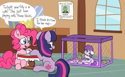 Size: 1280x791 | Tagged: safe, artist:skitter, derpibooru import, pinkie pie, twilight sparkle, oc, oc:anon, earth pony, pony, age regression, blocks, cute, diaper, human to pony, playpen, poofy diaper, rule 63, sweat, transformation, transgender transformation