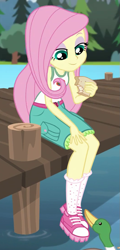 Size: 527x1096 | Tagged: safe, screencap, fluttershy, duck, equestria girls, legend of everfree, bread, cropped, food, sitting, solo