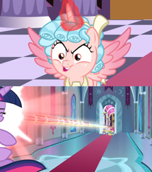 Size: 1362x1532 | Tagged: safe, edit, edited screencap, screencap, cozy glow, twilight sparkle, twilight sparkle (alicorn), alicorn, pony, the ending of the end, alicornified, attack, banner, blast, carpet, checkered floor, comic, cozycorn, crescent moon, head shot, magic, magic blast, moon, pony pile, pure concentrated unfiltered evil of the utmost potency, pure unfiltered evil, race swap, raised wings, royal guard, screencap comic, stained glass window, throne room